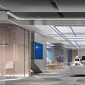 Modern Public Office Space With Open Layout Glass Partitions Wooden Elements And Blue Screens