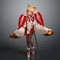 Vibrant Game Anime Character With Fox Ears Blonde Hair White Red Kimono And Staff