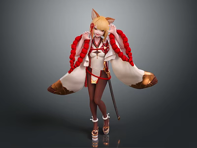 Vibrant Game Anime Character With Fox Ears Blonde Hair White Red Kimono And Staff 3d model