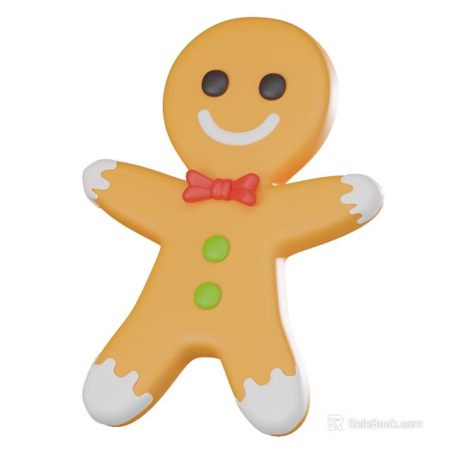 Happy Gingerbread Man Cookie With White Sugar Icing Red Bow And Green Buttons 3d model 