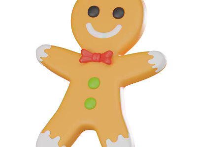 Happy Gingerbread Man Cookie With White Sugar Icing Red Bow And Green Buttons 3d model