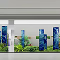 Modern Style Showroom With Curved Screens Central Column White Circular Seats And Geometric Ceiling