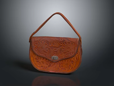 Brown Leather Handbag With Carved Floral Patterns And Metal Clasp 3d model