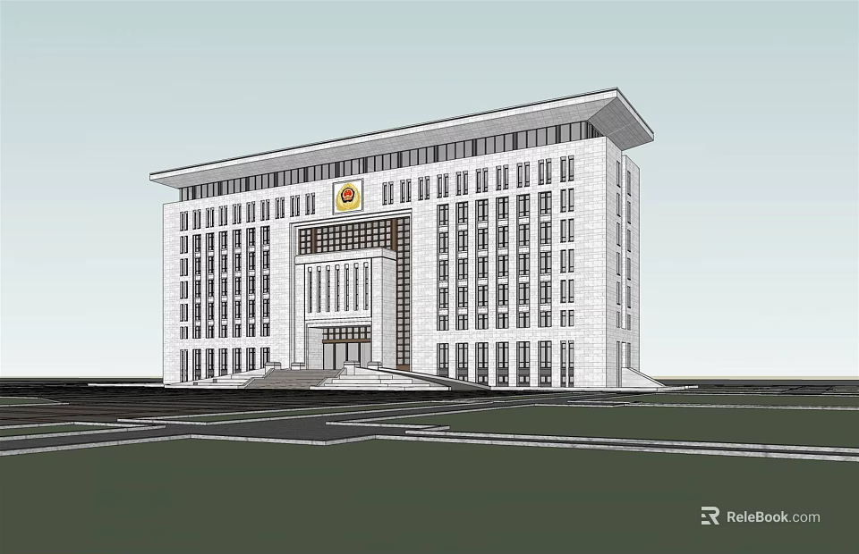 Modern Multi Storey Office Building Exterior With Emblem And Numerous Windows 3d model 