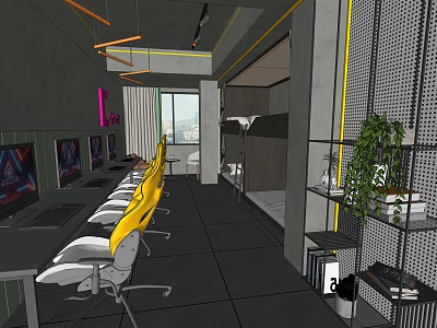 Modern Hotel Guest Room With Yellow Chairs Computers Bunk Beds And Green Plants 3d model