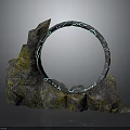 Wood Stone Artistic Sculpture With Irregular Rock Base Circular Ring And Green Patterns