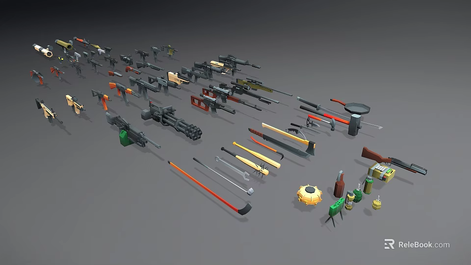 Assorted Weapons Collection Featuring Guns Knives Clubs and Other Tools on 3d model 