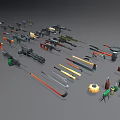 Assorted Weapons Collection Featuring Guns Knives Clubs and Other Tools on