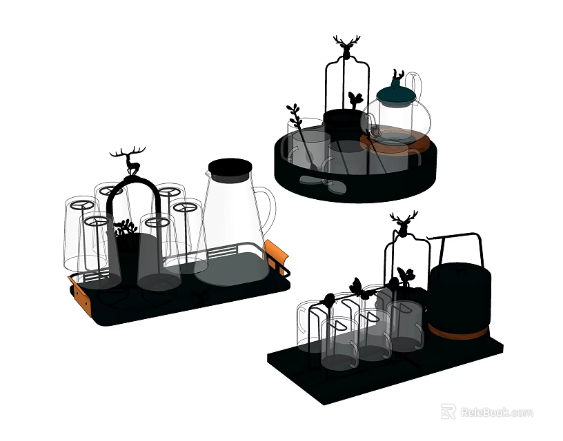 Modern Glass Tea Set With Decorative Black Tray Transparent Containers And Stylish Design 3d model 