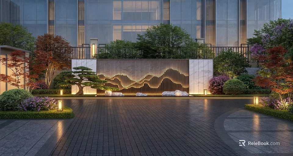 Mountain Pattern Feature Wall Surrounded By Green Plants Pine Tree Lighting In Paved Courtyard 3d model 
