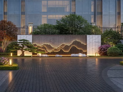 Mountain Pattern Feature Wall Surrounded By Green Plants Pine Tree Lighting In Paved Courtyard 3d model