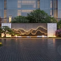 Mountain Pattern Feature Wall Surrounded By Green Plants Pine Tree Lighting In Paved Courtyard