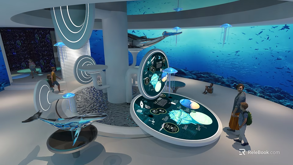 Ocean Themed Interactive Exhibition With Circular Design Whale Model Jellyfish Decorations And Visitors 3d model 