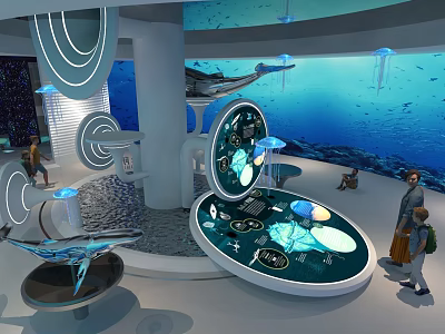 Ocean Themed Interactive Exhibition With Circular Design Whale Model Jellyfish Decorations And Visitors 3d model