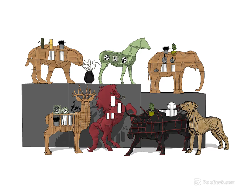 Creative Animal Shaped Bookcases With Books And Decorative Items On 3d model