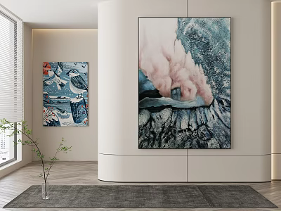 Modern Interior Design With Abstract Wall Paintings Vase And Area Rug 3d model