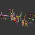 Essential Music Gear Setup With Keyboard Drum Set Electric Guitar Amplifiers Microphone Stands And Drumsticks