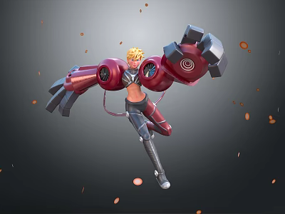 Game And Movie Character With Blonde Hair And Red Mechanical Arms Flying With Orange Fragments 3d model