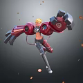 Game And Movie Character With Blonde Hair And Red Mechanical Arms Flying With Orange Fragments