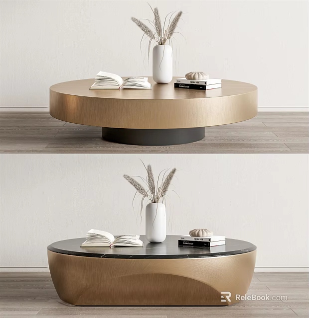 Stylish Round Coffee Table With Gold Base Black Top White Vase Books And Decorative Items 3d model 