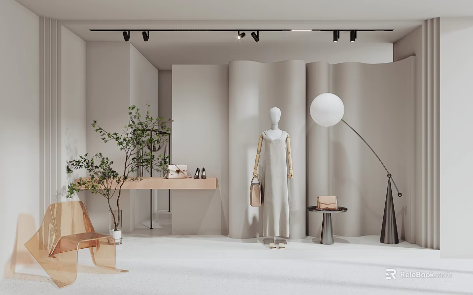 Modern Elegant Showcase Interior With Curved Walls White Mannequin Floor Lamp And Plant 3d model 