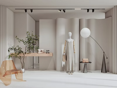 Modern Elegant Showcase Interior With Curved Walls White Mannequin Floor Lamp And Plant 3d model