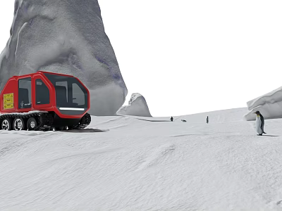 Game Movie Character Riding Red Snowmobile Through Snowy Landscape With Iceberg And Penguins 3d model