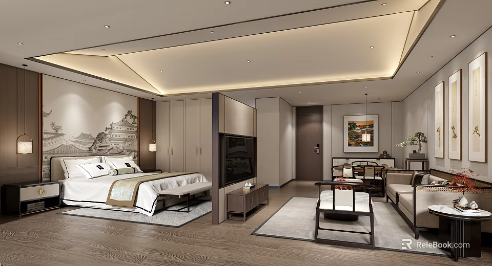 Chinese Style Hotel Guest Room With Comfortable Bed TV Sofa Coffee Table And Decorative Painting 3d model 