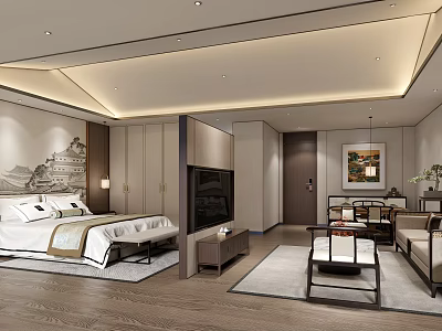 Chinese Style Hotel Guest Room With Comfortable Bed TV Sofa Coffee Table And Decorative Painting 3d model
