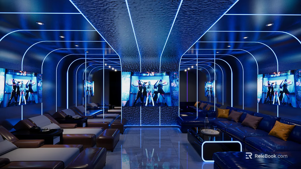 Modern KTV Room With Blue Lighting Large Screen Leather Sofas And Mirror Walls 3d model 