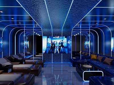 Modern KTV Room With Blue Lighting Large Screen Leather Sofas And Mirror Walls 3d model