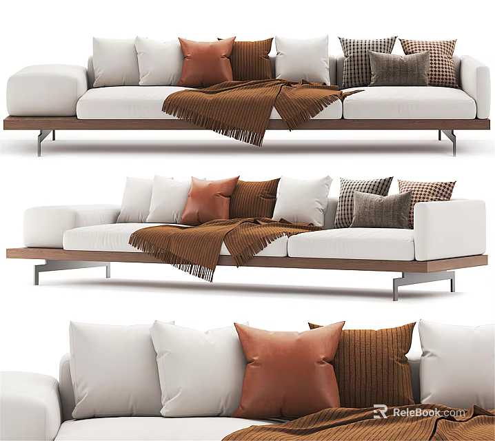White Sectional Sofa With Decorative Pillows And Brown Throw Blanket On Metal Legs 3d model 