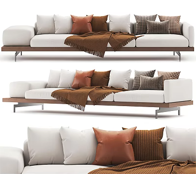 White Sectional Sofa With Decorative Pillows And Brown Throw Blanket On Metal Legs 3d model