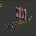 Wooden Viking Longship With Red White Striped Sail Oars And Decorative Elements