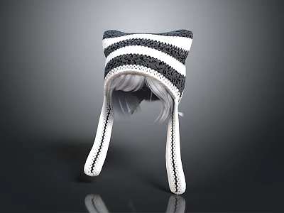 Knitted Black And White Striped Winter Hat With Ear Flaps Warm Design 3d model
