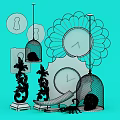Decorative Ornament Set With Vintage Clocks Metal Flower Frames Skull Decor Ivory Tusk Spider Decoration And Turquoise Background