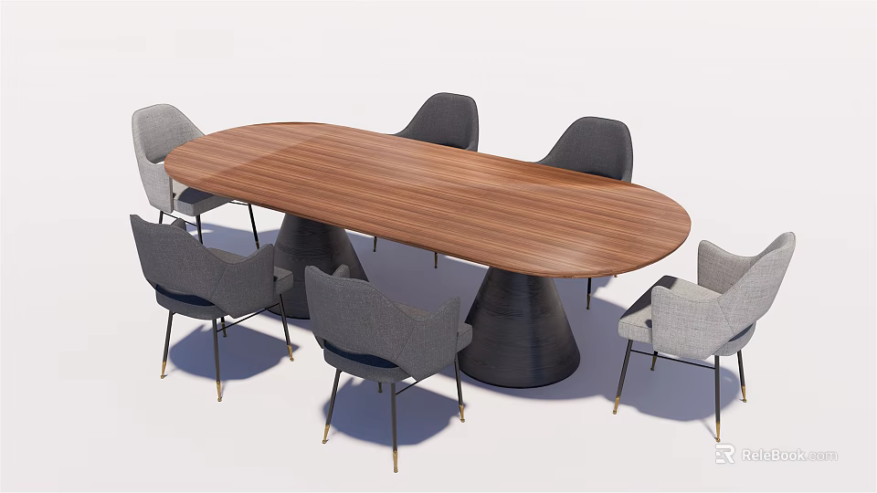 Modern Dining Table Set With Oval Wooden Top Gray Chairs And Black Tapered Base 3d model 