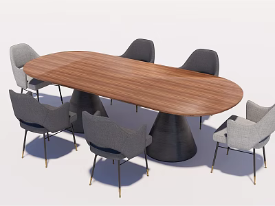 Modern Dining Table Set With Oval Wooden Top Gray Chairs And Black Tapered Base 3d model
