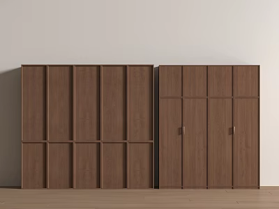 Two Dark Brown Wooden Wardrobes with Vertical Stripes and Grid Patterns Against White Wall 3d model