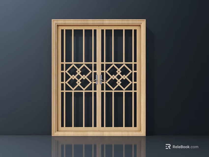 Double Panel Wooden Casement Window Featuring Lattice Design And Geometric Pattern 3d model