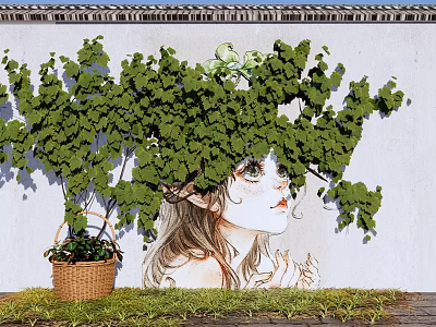 Scenic Photo Spot With Vine Covered Wall Girl Mural Wicker Basket And Grassy Ground 3d model