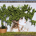 Scenic Photo Spot With Vine Covered Wall Girl Mural Wicker Basket And Grassy Ground