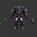 Green And Silver Mech Standing With Small Robots On Dark Background 3d model