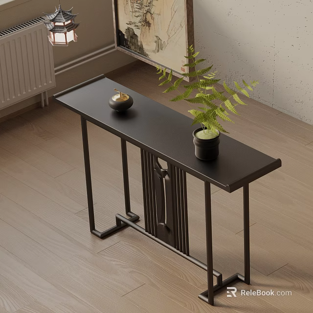 Modern Minimalist Console Table With Black Tabletop Metal Frame Decorative Item And Green Plant 3d model 