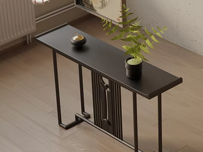 Modern Minimalist Console Table With Black Tabletop Metal Frame Decorative Item And Green Plant 3d model