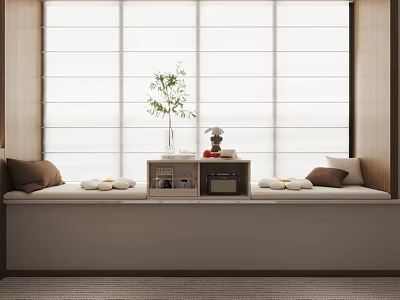 Cozy Minimalist Bay Window Cabinet With Pillows Towels Plant And Side Table 3d model
