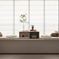 Cozy Minimalist Bay Window Cabinet With Pillows Towels Plant And Side Table