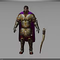 Fantasy Warrior in Ornate Gold Red Armor With Purple Cape and Sword
