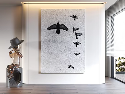 Modern Interior With Crow Painting Sculpture White Wall And Wooden Floor 3d model