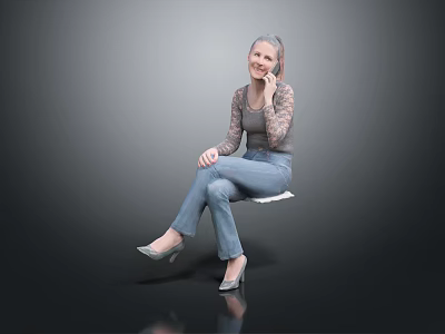 Woman With Pink Hair Wearing Lace Top And Jeans Sitting On Chair Talking On Phone 3d model